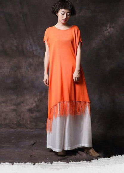 Organic Orange Tassel Cotton Clothes Short Sleeve Long Summer Dress