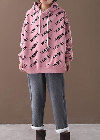 Organic Pink Alphabet Prints Cotton Crane Tops Drawstring Loose Hooded Shirt