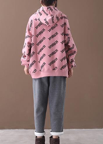 Organic Pink Alphabet Prints Cotton Crane Tops Drawstring Loose Hooded Shirt