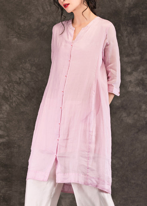 Organic Pink Linen Robes Fine Sleeve O Neck Half Sleeve a Line Summer Dress