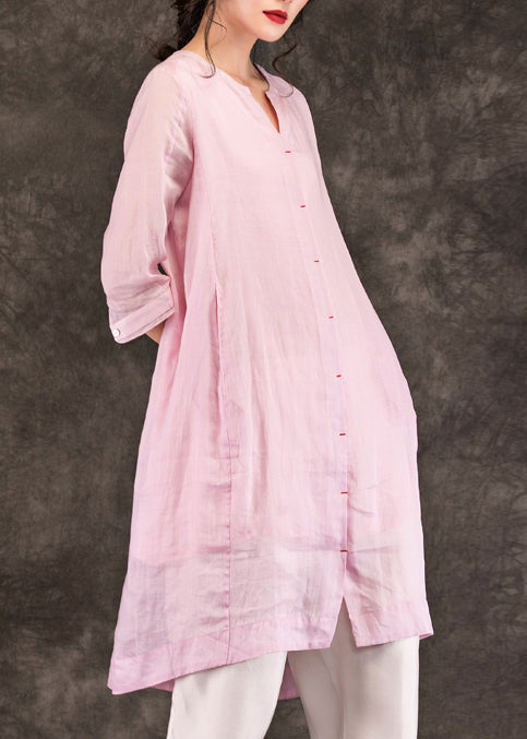 Organic Pink Linen Robes Fine Sleeve O Neck Half Sleeve a Line Summer Dress