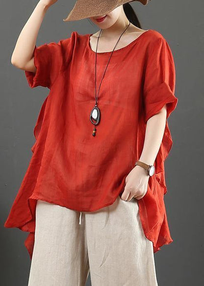 Organic Pink Linen Clothes for O Neck Half Sleeve Silhouette Shirt