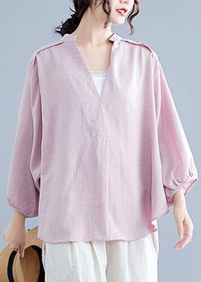 Organic Pink Linen Cotton Clothes for Shirts V Neck Batwing Sleeve Summer Top