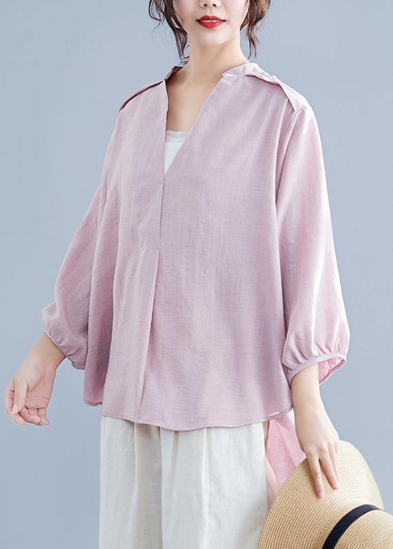 Organic Pink Linen Cotton Clothes for Shirts V Neck Batwing Sleeve Summer Top