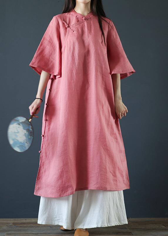 Organic Pink Linen Dresses Stand Collar Chinese Button Dress