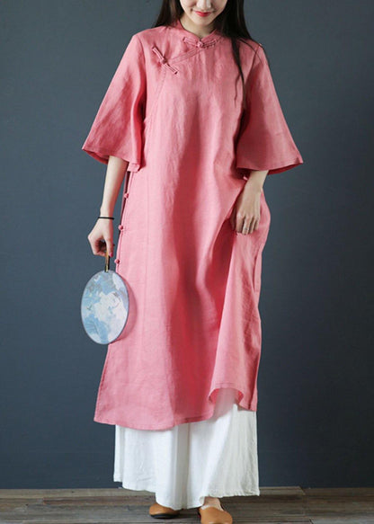 Organic Pink Linen Dresses Stand Collar Chinese Button Dress