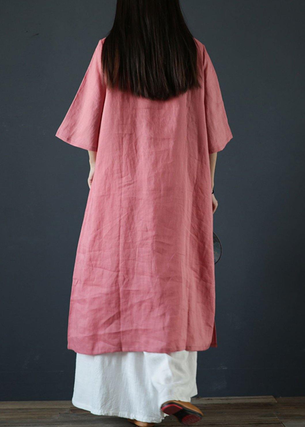 Organic Pink Linen Dresses Stand Collar Chinese Button Dress