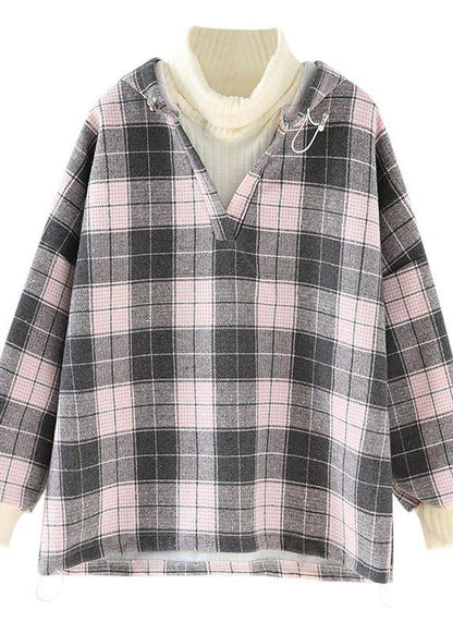 Organic Pink Plaid Cotton Linen Tops Blouses Hooded Tunic V Neck Blouses