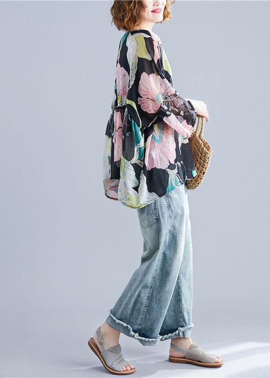 Organic Print Tops O Neck Petal Sleeve Tunic Blouse