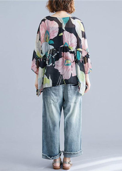 Organic Print Tops O Neck Petal Sleeve Tunic Blouse