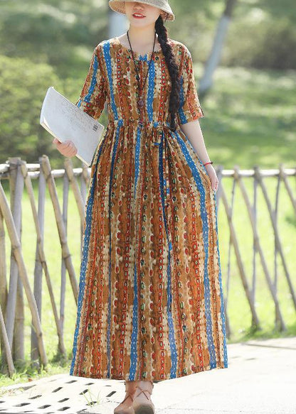 Organic Prints Cotton Linen Quilting Dresses Shape Yellow Kaftan Dresses Summer
