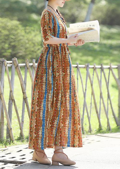 Organic Prints Cotton Linen Quilting Dresses Shape Yellow Kaftan Dresses Summer