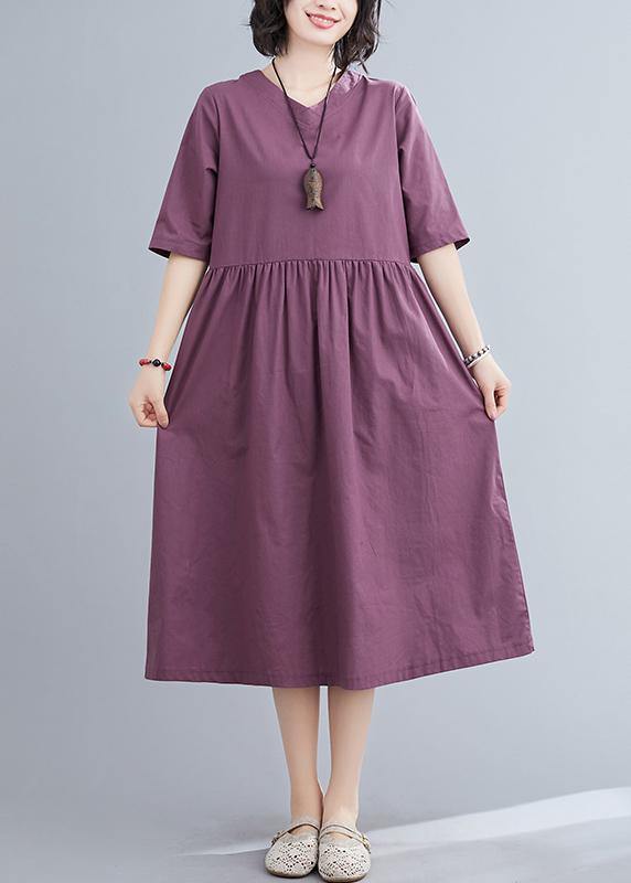 Organic Purple Linen Cotton Clothes for V Neck Long Summer Dresses