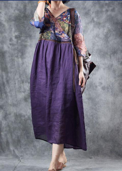 Organic Purple Linen Dress Patchwork V Neck Dress