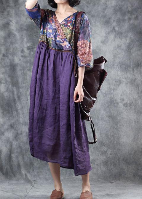 Organic Purple Linen Dress Patchwork V Neck Dress