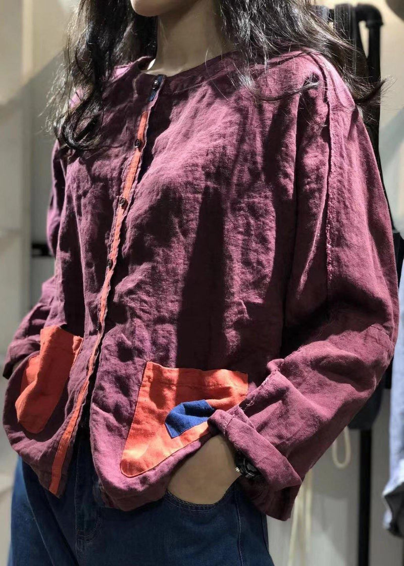 Organic Purple O Neck Linen Tunics for Patch Pockets Baggy Fall Shirt