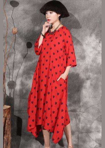 Organic Red Dotted Cotton Long Shirts Asymmetric Hem Maxi Summer Dresses
