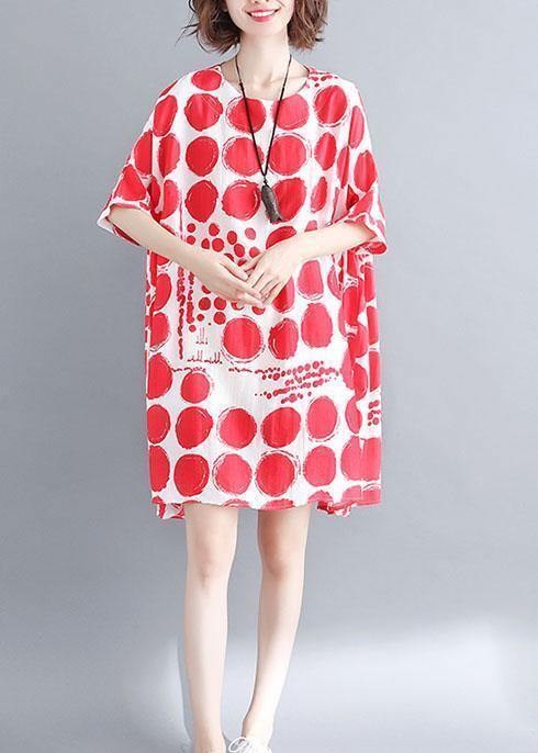 Organic Red Plaid Cotton Linen Clothes for Batwing Sleeve Oversized Summer Dresses