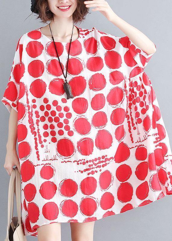 Organic Red Plaid Cotton Linen Clothes for Batwing Sleeve Oversized Summer Dresses