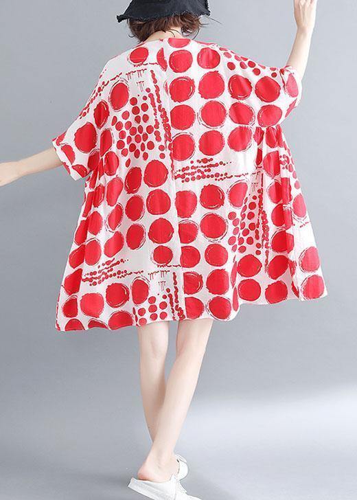 Organic Red Plaid Cotton Linen Clothes for Batwing Sleeve Oversized Summer Dresses