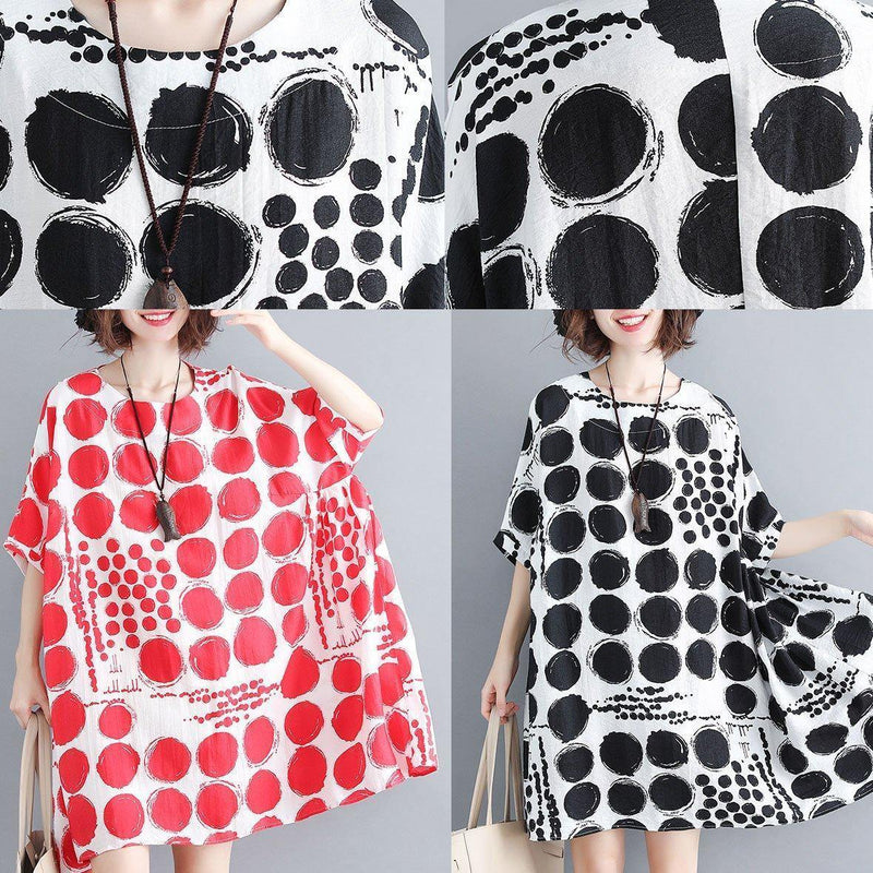 Organic Red Plaid Cotton Linen Clothes for Batwing Sleeve Oversized Summer Dresses