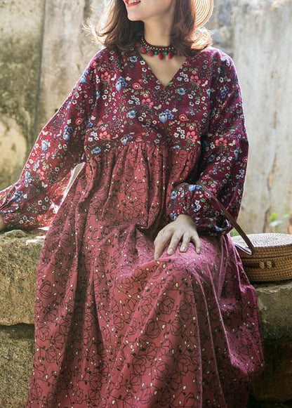 Organic Red Print Cotton Long Shirts O Neck Lantern Sleeve Baggy Summer Dress