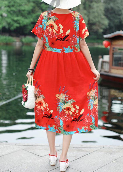 Organic Red Prints Cotton Tunic Dress O Neck Cotton Summer Dresses