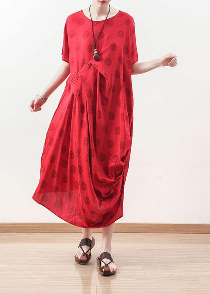 Organic Red Prints Linen Clothes Neckline Draping Maxi Summer Dresses