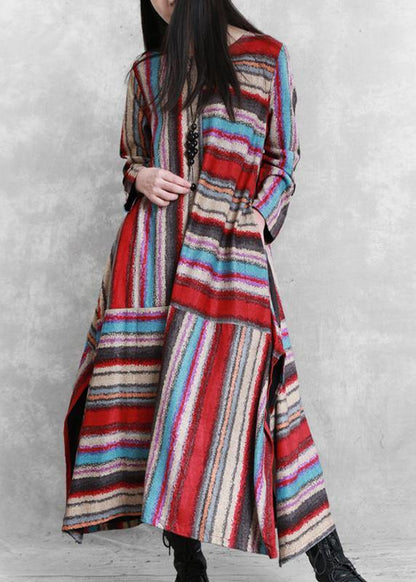 Organic Red Striped Linen Cotton Clothes for Side Open Clothing Patchwork Dress