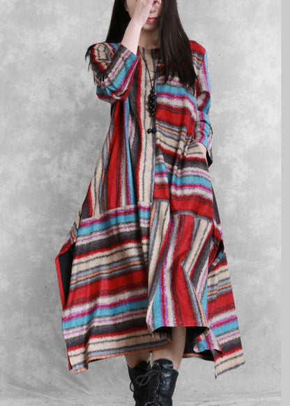 Organic Red Striped Linen Cotton Clothes for Side Open Clothing Patchwork Dress