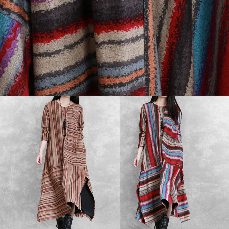 Organic Red Striped Linen Cotton Clothes for Side Open Clothing Patchwork Dress