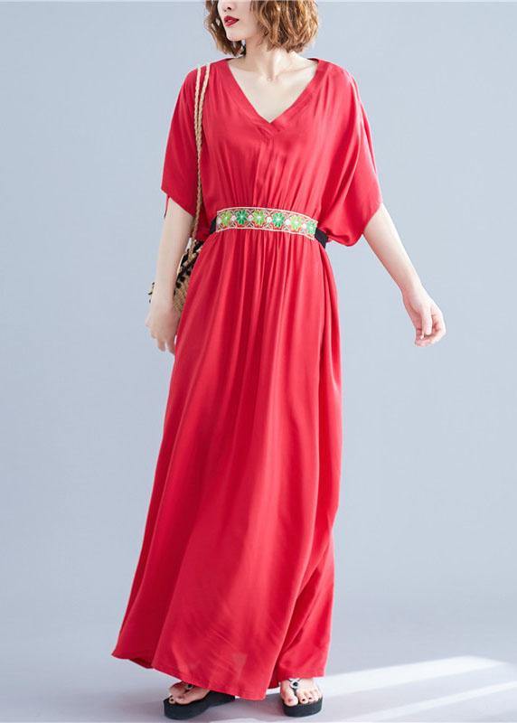 Organic Red V Neck Cotton Clothes Two Ways to Wear Maxi Summer Dress