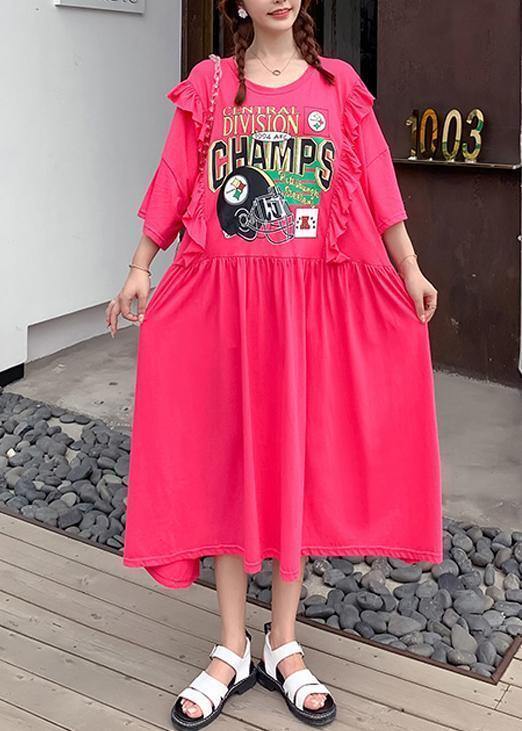 Organic Rose Cartoon Print Dresses O Neck Ruffles Dress