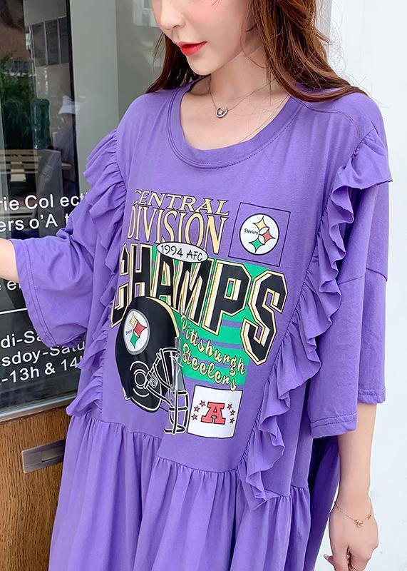 Organic Rose Cartoon Print Dresses O Neck Ruffles Dress