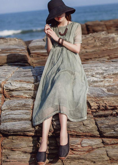 Organic Short Sleeve Cotton Clothes Inspiration Green High Waist Dress