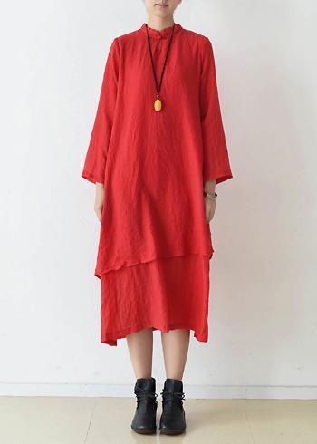 Organic Stand Collar Asymmetric Cotton Clothes Stylish Runway Red Kaftan Dress Spring