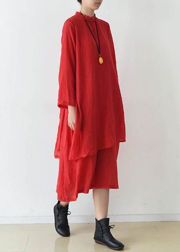 Organic Stand Collar Asymmetric Cotton Clothes Stylish Runway Red Kaftan Dress Spring
