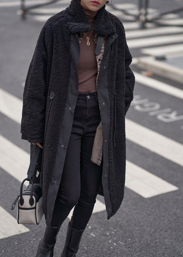 Organic Stand Collar Drawstring Tunic Coat Black Dresses Outwear