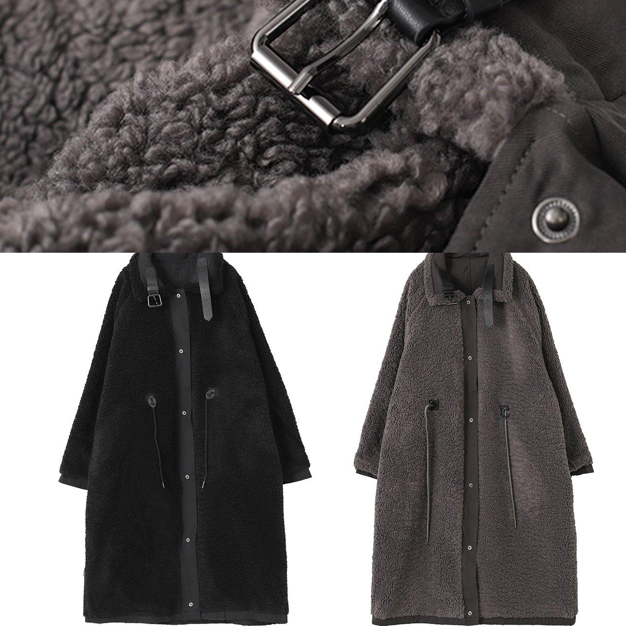Organic Stand Collar Drawstring Tunic Coat Black Dresses Outwear