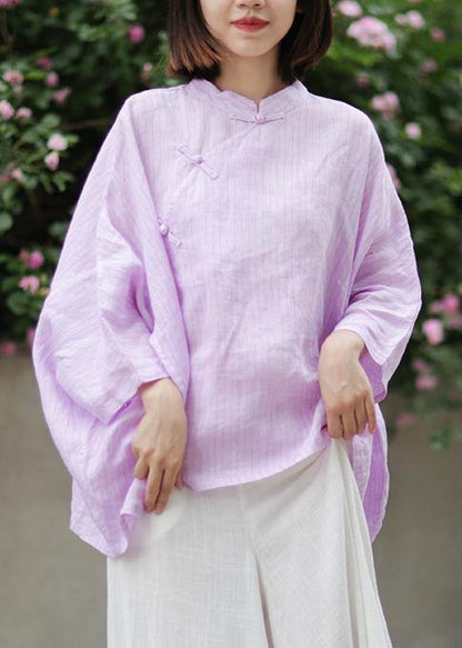 Organic Stand Collar Linen Blouse Photography Light Purple Striped Blouse