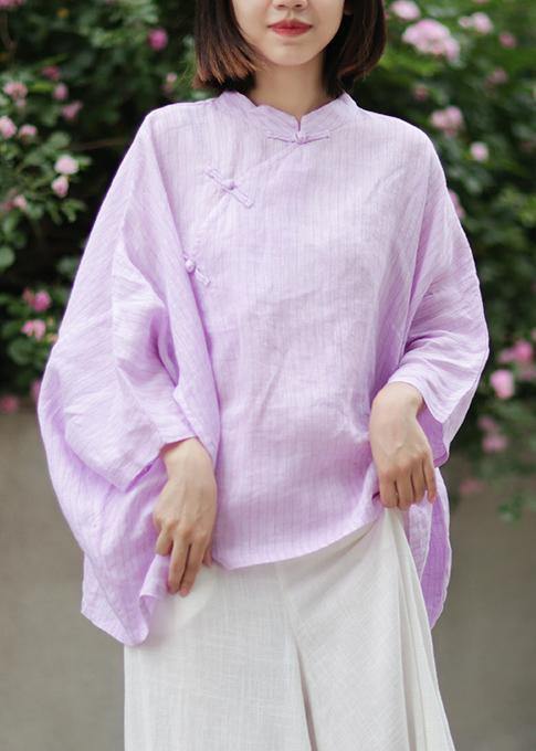 Organic Stand Collar Linen Blouse Photography Light Purple Striped Blouse
