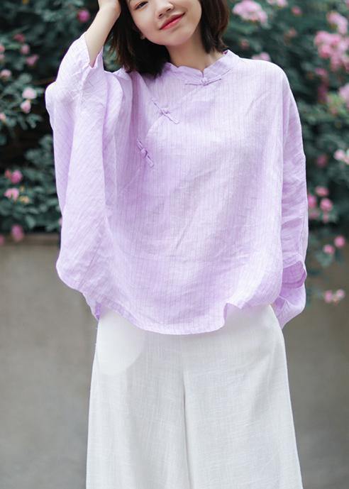 Organic Stand Collar Linen Blouse Photography Light Purple Striped Blouse