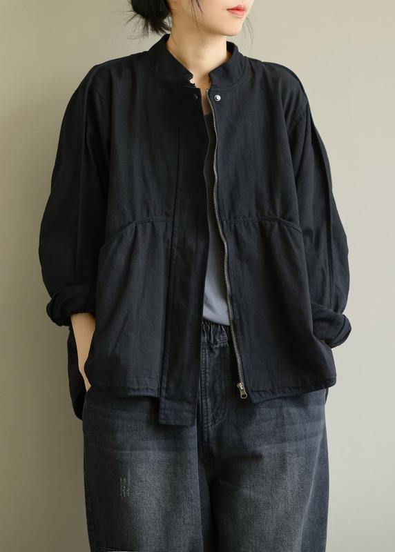 Organic Stand Collar Patchwork Fine Clothes Black Outwears