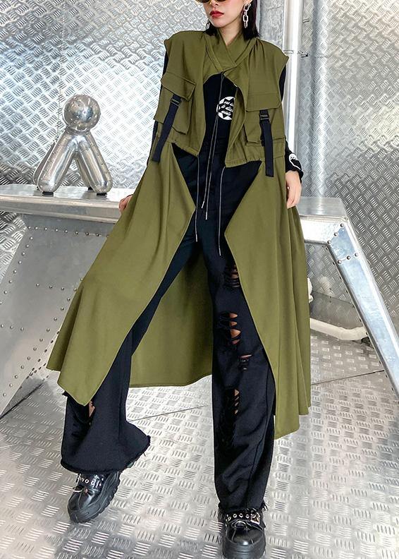 Organic Stand Collar Tie Waist Fine Clothes for Army Green Knee Coats