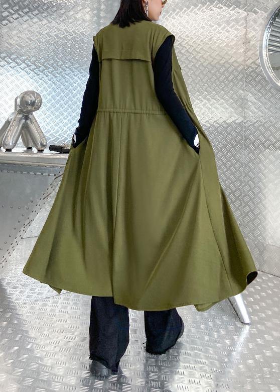 Organic Stand Collar Tie Waist Fine Clothes for Army Green Knee Coats