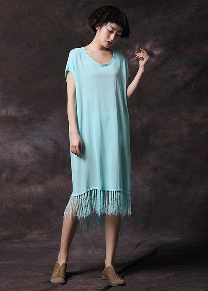Organic Tassel Cotton Clothes Work Light Blue Dress Summer