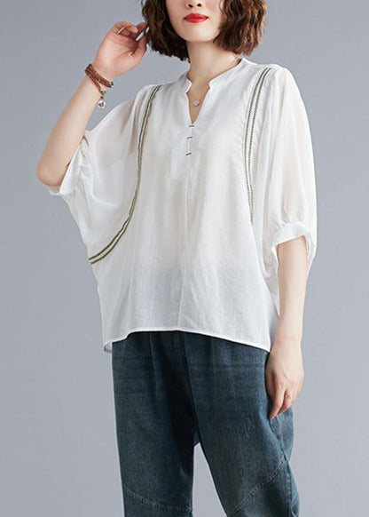 Organic V Neck Batwing Sleeve Summer Pattern Sewing White Blouse