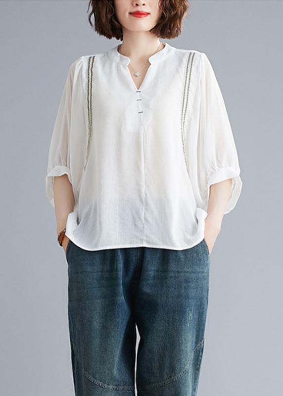 Organic V Neck Batwing Sleeve Summer Pattern Sewing White Blouse