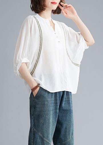 Organic V Neck Batwing Sleeve Summer Pattern Sewing White Blouse