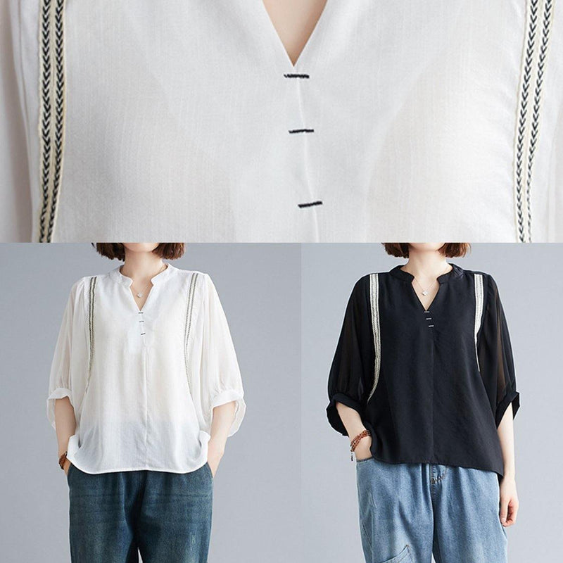 Organic V Neck Batwing Sleeve Summer Pattern Sewing White Blouse